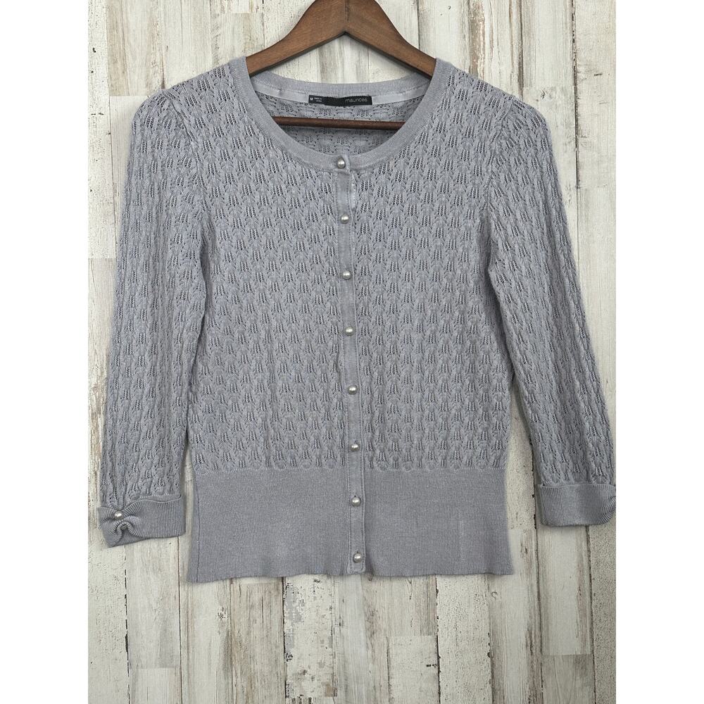Maurices Crochet Cardigan Medium Gray Cropped Button Boho Fairy Cottagecore EUC